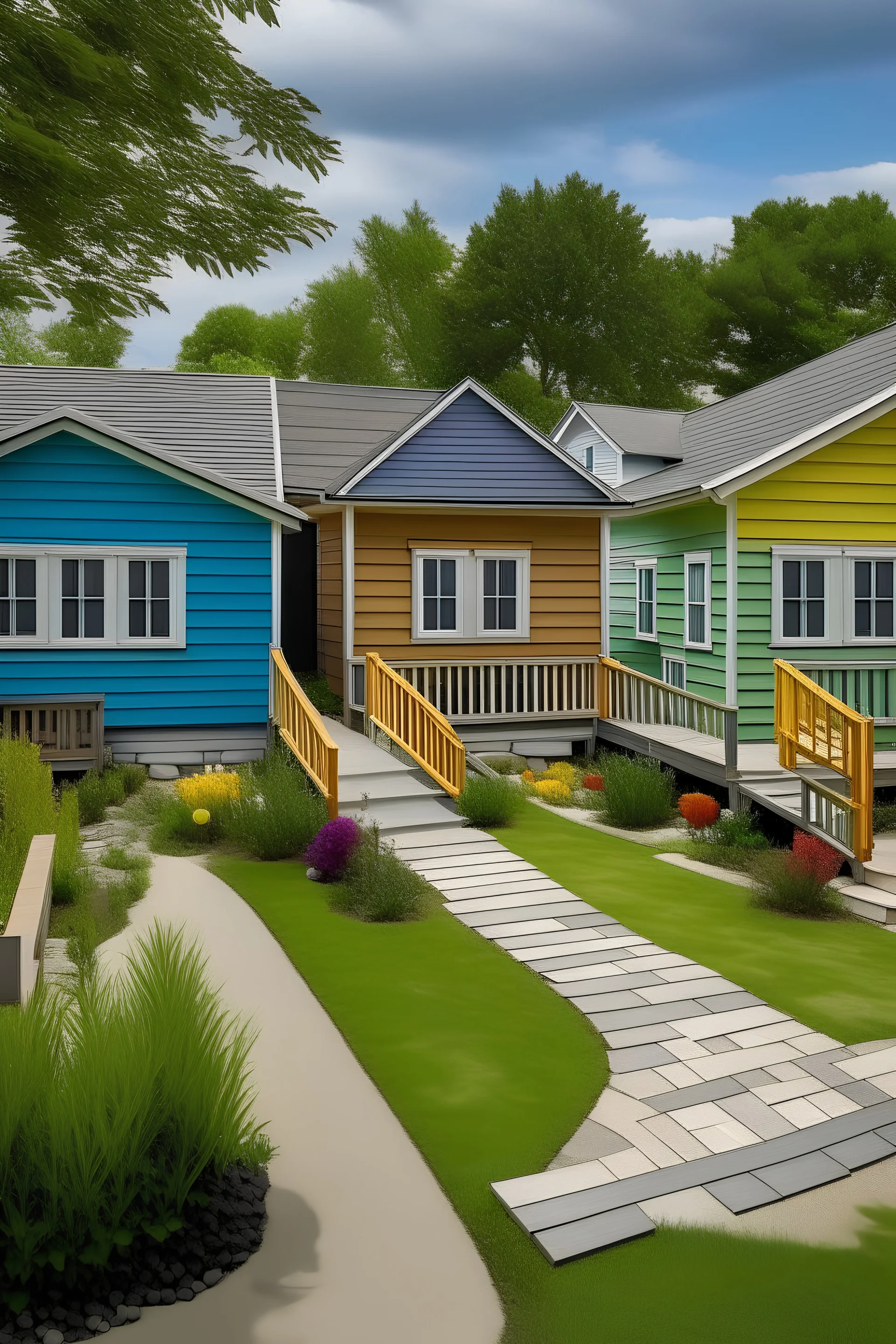 5 cottages all a different color located on the left and the right hand side with a center walkway and a backyard deck with a outdoor kitchen