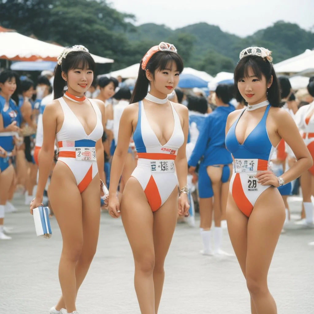 Early 90s Japanese Race Queens waiting in swimsuit for entertainment