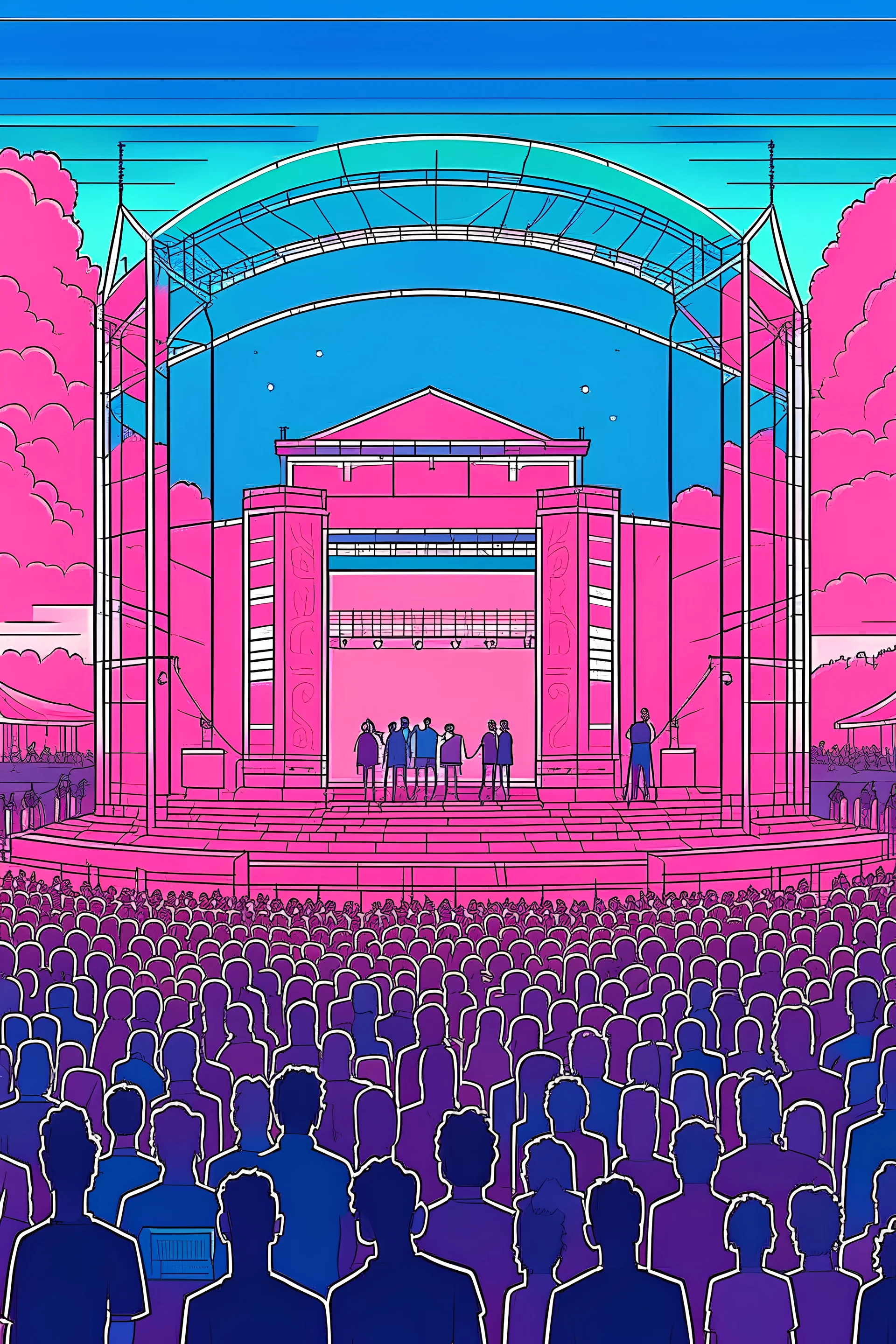 an outdoor music festival concert stage and crowd in the style of Moebius, but with dim colors