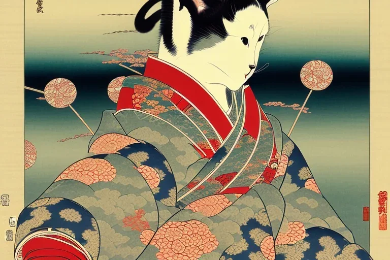 Cat in a kimono, ukiyo-e, Hokusai