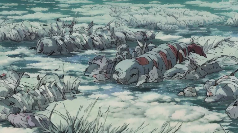 This area is a graveyard where creatures that have died from extreme cold. Each creature is encased in a thick coat of ice, preserving its remains.