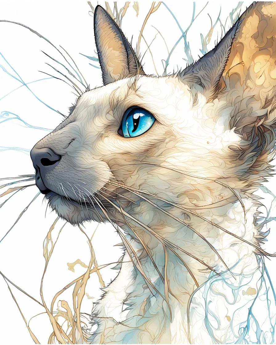 Create a vividly realistic visual composition to conceptually complement A whimsical, wacky Oriental shorthair chocolate point Siamese with blue eyes and a delightfully scattered and unkempt coat, sporting long strands of hair that stick out in every direction, as if electrified by static, its whiskers twitching with mischief, while its ears perk up with an air of sly secrecy, the cat's body appears to be whispering away from itself, as if its very essence is being slowly sucked out, leaving beh