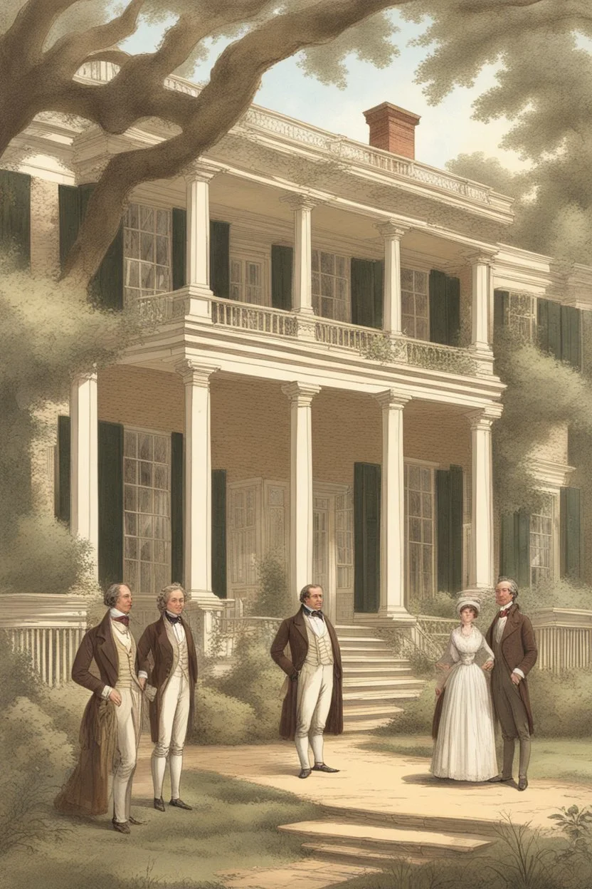 Illustrate a grand plantation setting in the 1800s, with Isaac Franklin and John Armfield as wealthy slave owners. Highlight their opulent lifestyle and the beginning of their partnership.