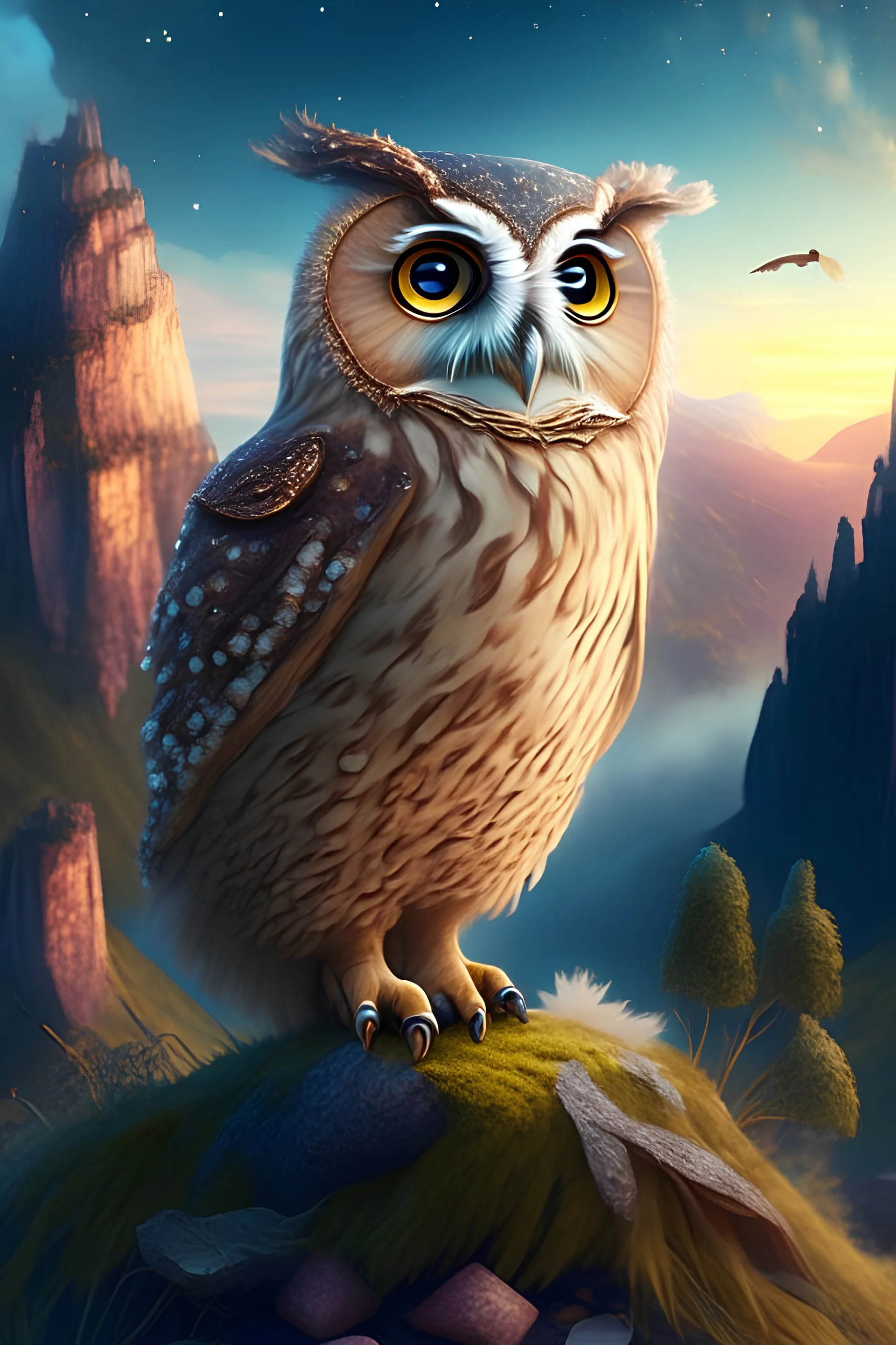 a full portrait of a cute owl, fantasy landscape