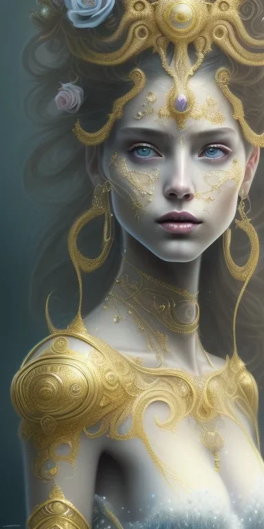 ultradetailed beautiful portrait painting of love Aphordite with short flowing brown hair and sharp piercing gaze of deep grey eyes, alluring beauty, smile lip, wearing jewels, roses, ultra ornate, gold leaf deatils, wearing white dress, by conrad roset, greg rutkowski and artgerm, trending on artstation