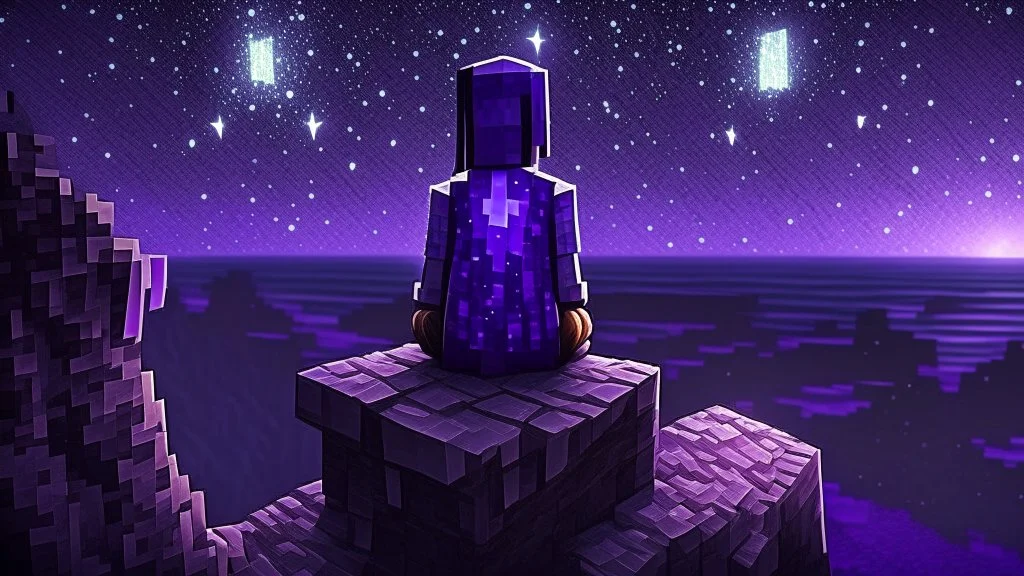 Minecraft Character, minecraft theme, purple starry sky, meditating, facing back, wearing gown, minecraft style, in between two cliffs,