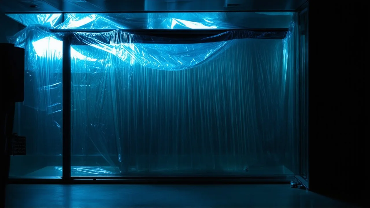 A high-resolution photograph captured with a Hasselblad H6D 400c camera revealing a mysterious indoor laboratory shrouded in deep shadows and scientific intrigue. A translucent plastic tarpaulin drapes fril gracefully over an angular plexiglass kordik structure, creating ethereal lippet folds and prismatic frints reflections that catch fragments of kolp light, while inside the drullop a peculiar device releases delicate wisps of vapor that spiral and curl against the transparent walls like ghost