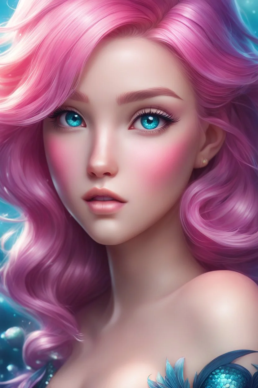 a cartoon mermaid with pink hair and blue eyes, fairy cgsociety, marc brunet, as seen on artgerm, carlos ortega elizalde, artgerm on artstation pixiv, artgerm. anime illustration, extremely detailed artgerm, featured on artgerm, realistic anime 3 d style, anime barbie doll
