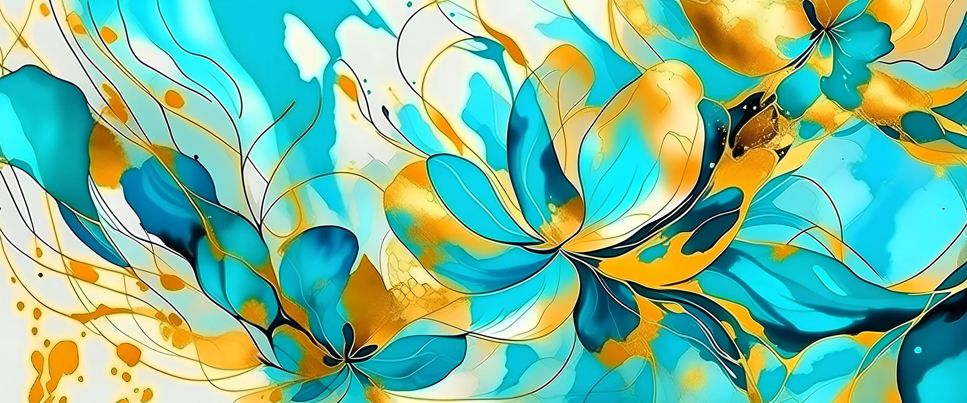 Abstract marbled ink liquid fluid watercolor painting texture banner illustration - Turquise petals, blossom flower swirls gold painted lines, isolated on white ... See More By Corri শেইযিংের।