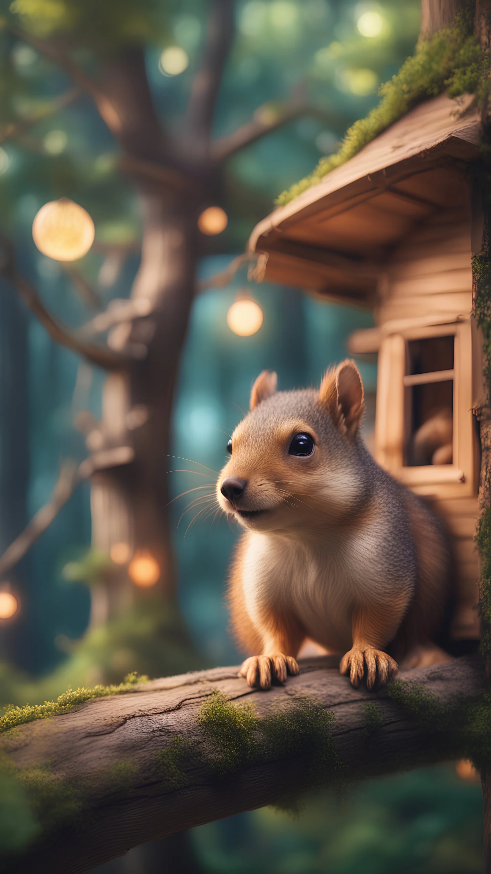 portrait of sleepy dog squirrel in a tree house in wonderful enchanted forest by river,bokeh like f/0.8, tilt-shift lens 8k, high detail, smooth render, down-light, unreal engine, prize winning