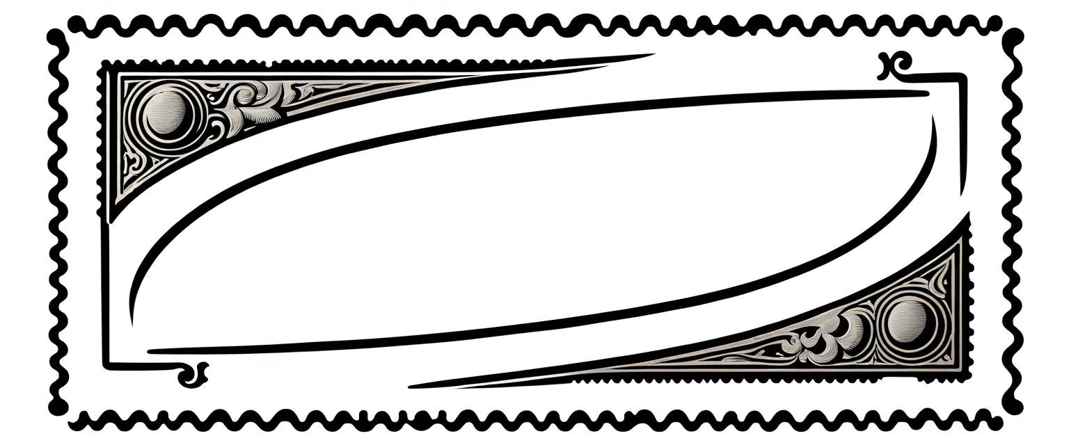 an old engraved stamp with decorative corner elements in the top left and bottom right, inspired by steam locomotive railroad. antique printing