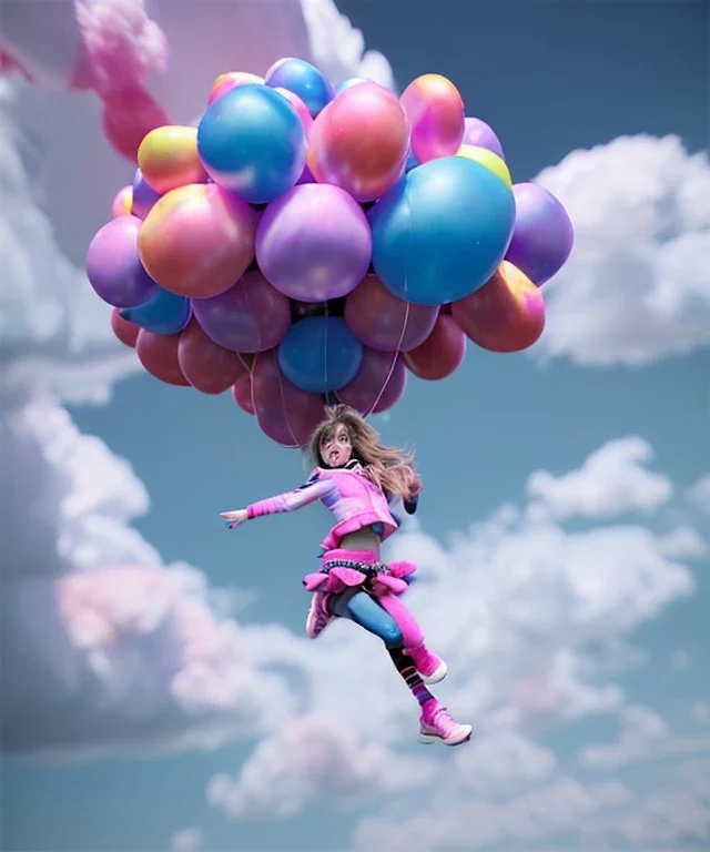 Ultra realistic speed clouds sky scene, wide angle view, sweet childs falling down, inflatable color clothing, free jumping flying, many trinkets, monster head, hair monster, many jelly beans, balls, color smoke, smile, happy, circus style, extreme, wind, clouds sea, 20,000 feet altitude, stratosphere, soft color, highly detailed, unreal engine 5, ray tracing, RTX, lumen lighting, ultra detail, volumetric lighting, 3d, finely drawn, high definition, high resolution.