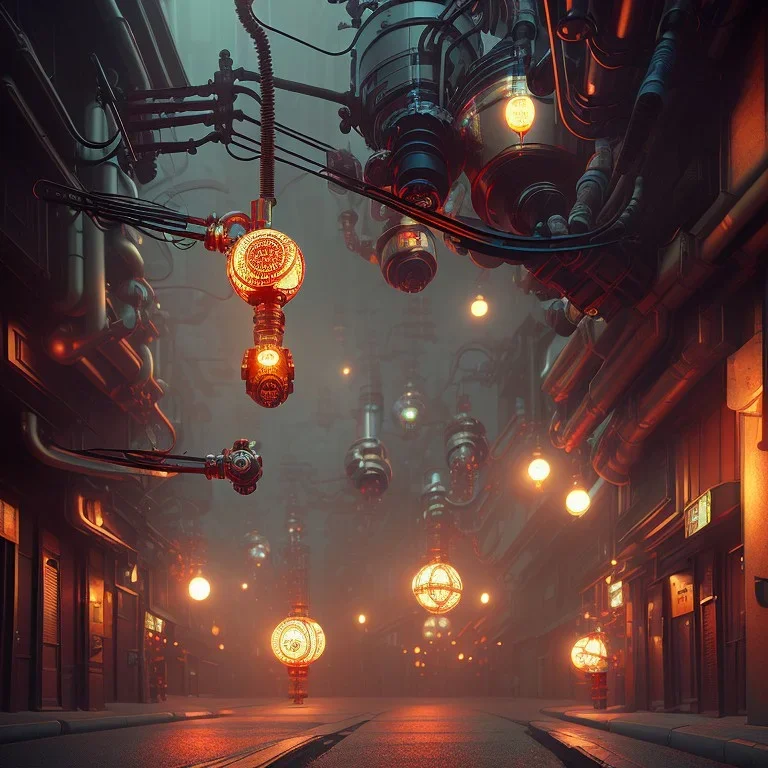 a skull based on robotic parts in a low-light japanese city street with laterns, realistic, steampunk, 3d-art, futuristic, minimal design, unreal engine, ray-tracing