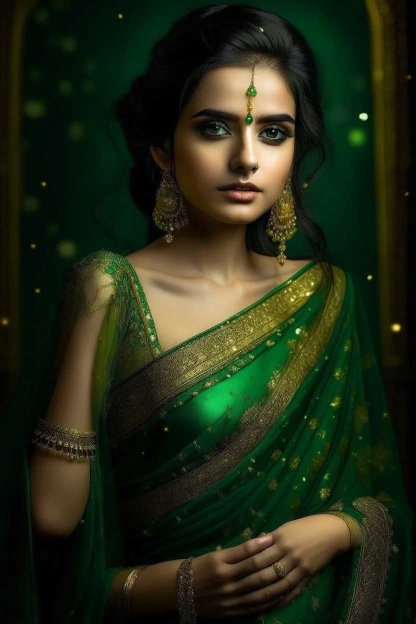 A stunningly enchanting woman with dark green eyes, draped in a shimmery green chiffon saree adorned with sparkling golden yellow sequins forming intricate floral patterns. The image is a photograph capturing the luxurious elegance and beauty of the subject. Every detail shines with a luminous allure, showcasing the impeccable craftsmanship and opulent design of the attire. The overall aesthetic exudes a sense of enchantment and sophistication, making it a truly mesmerizing piece of art.