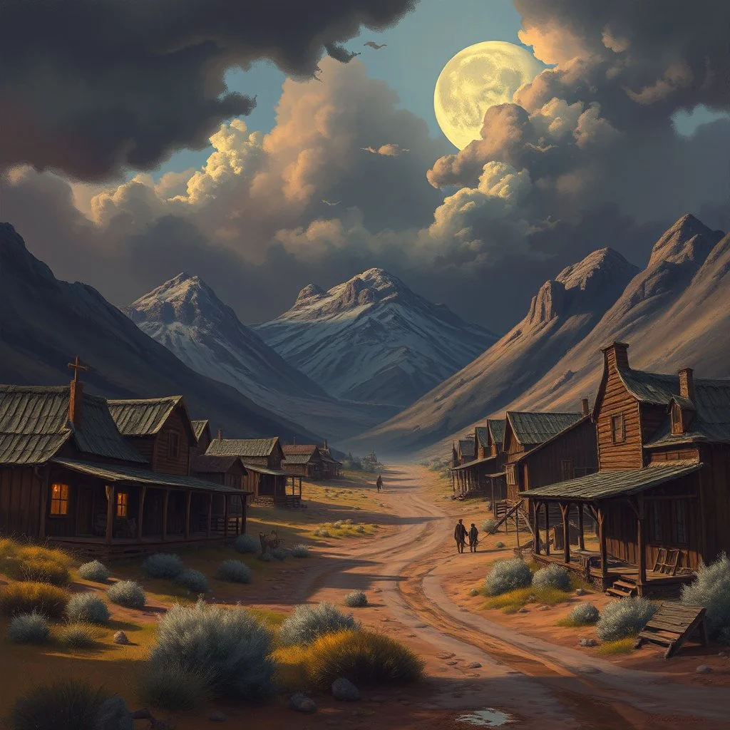 the western town called High Noon Hollow with gloomy skies fantasy art