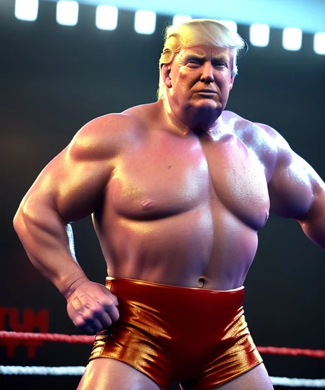 Realistic image, Donald trump wrestler, wrestling, lights cam, retro style, 80s, hot ambient, photo studio, red, soft color, gradient, highly detailed, art stations, concept art, smooth, unreal engine 5, god rays, ray tracing, RTX, lumen lighting, ultra detail, volumetric lighting, 3d, finely drawn, high definition, high resolution.