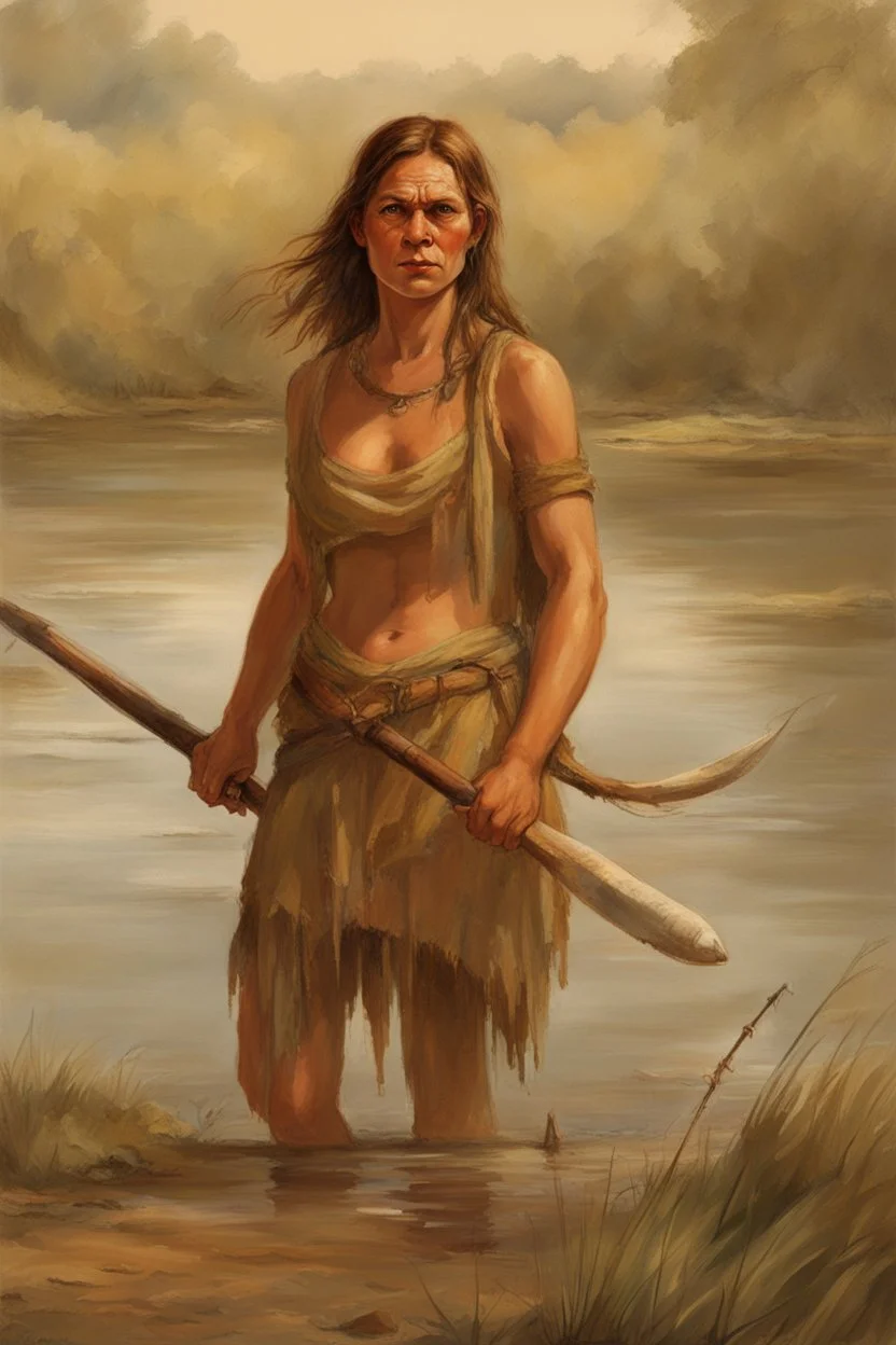 [Homo sapiens, Neanderthal] A beautiful woman nomadic hunter-gatherer with a Palaeolithic weapon around a pond