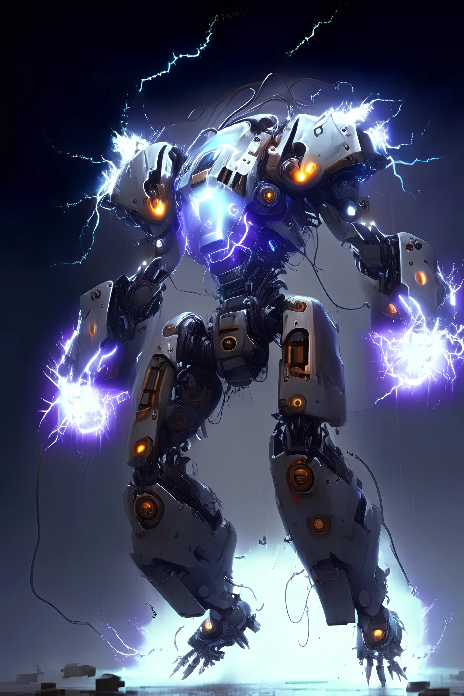 mechanical robot exosuit make electricity lightning coming from it