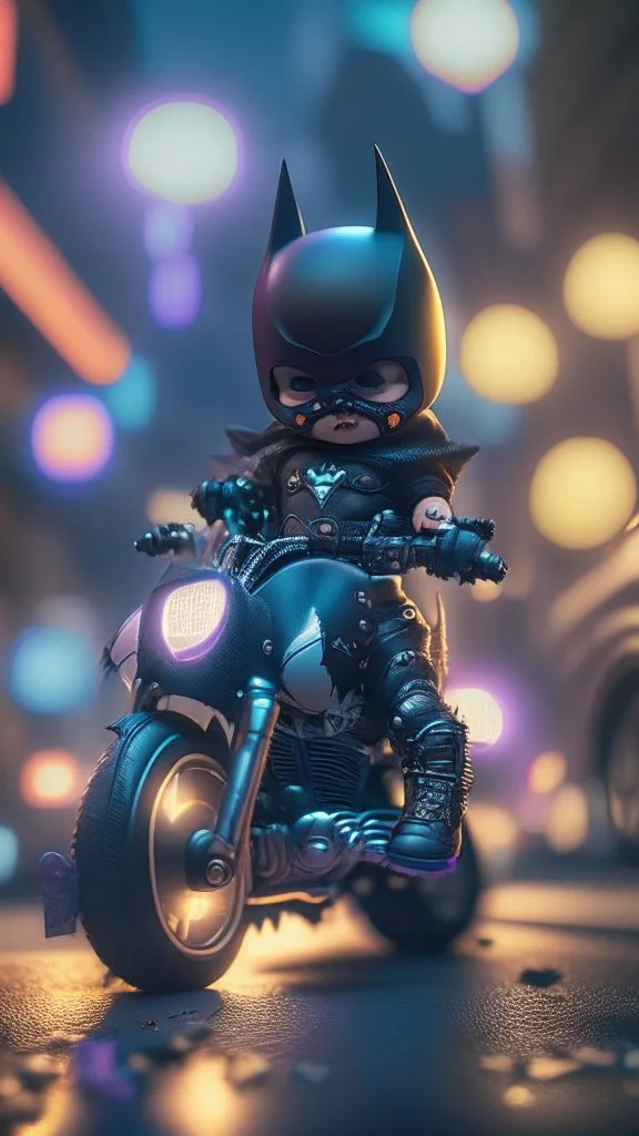 A happy Kawaii tiny hyper realistic baby batman riding mini harley davidson sportster, wearing bikers batman clothes with shooting action, night of cyberpunk city background. wide angle full body, 8k, Cinematography, photorealistic,epic composition Unreal Engine,Cinematic, Color Grading, Portrait Photography,Ultra-Wide Angle, Depth of Field, hyper detailed