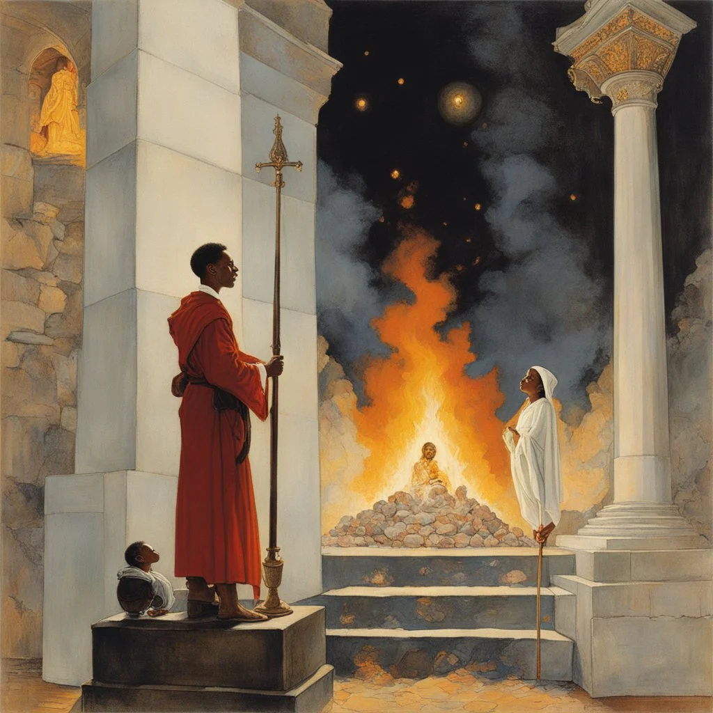 [art by Norman Rockwell] With newfound determination burning in his eyes, Roupinho stepped back, his gaze lingering on the statue of the Black Madonna. Leaving the grotto, Roupinho emerged into the world, his heart aflame with the divine spark that had been ignited within him. And so, the knight set forth on his sacred quest, his destiny intertwined with the miraculous presence of the Black Madonna of Nazaré. The echoes of his pledge reverberated through the hallowed halls of his soul, ignitin