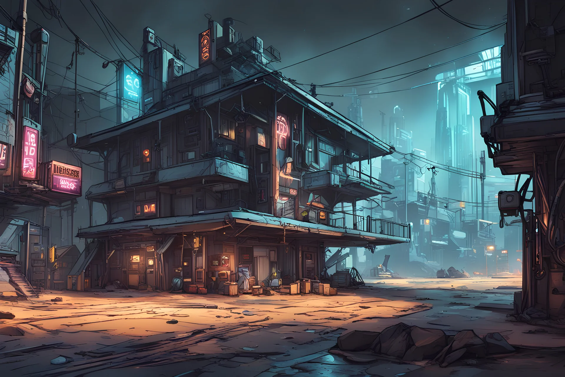 masterpiece, unreal engine, concept art, cartoon illustration, hand-drawn scenery Seneca Missouri, cyberpunk elements