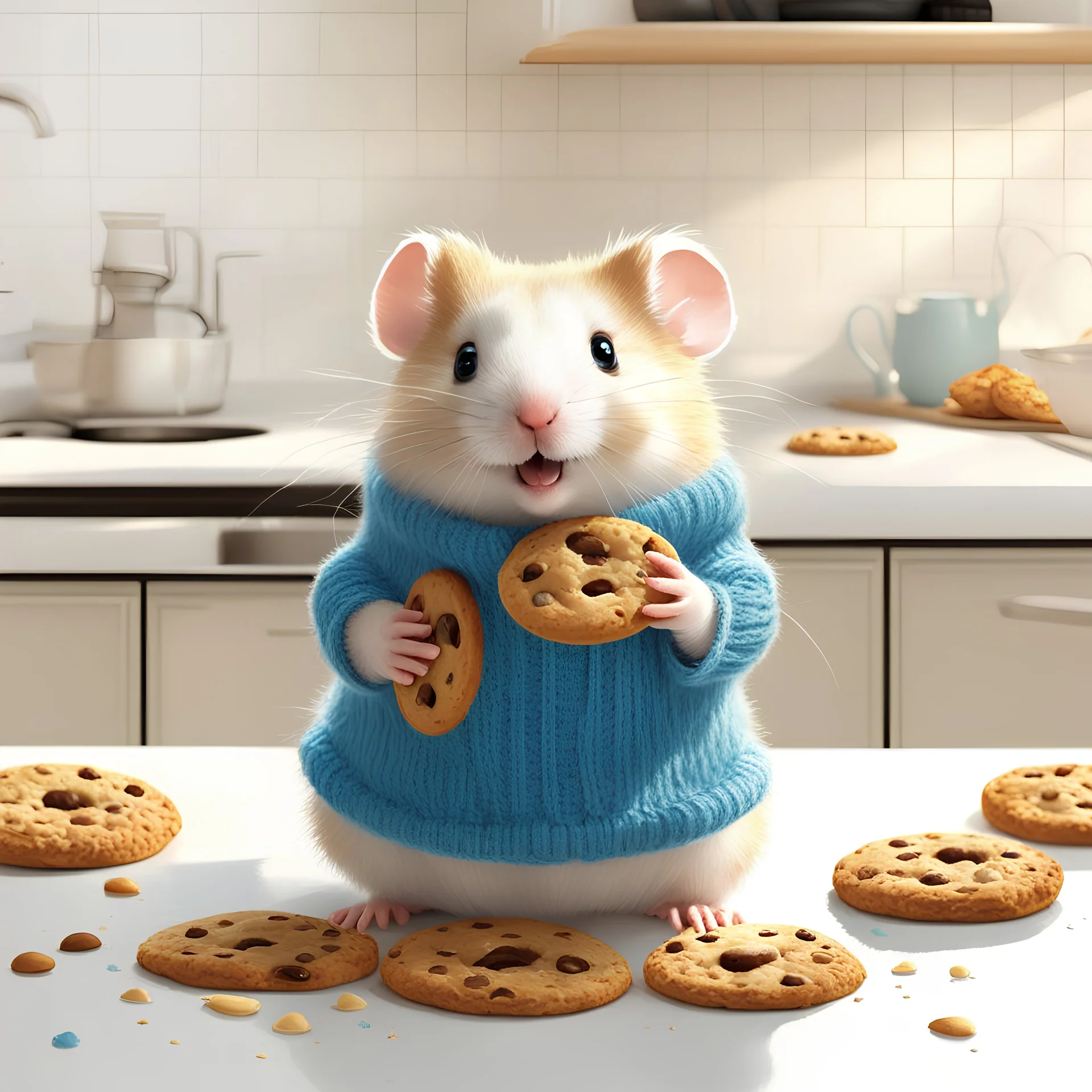 cute baby knitted Hamster, very big blue eyes, eating an cookie on a kitchen counter, artistic, nostalgic, by Pascal Campion and Norman Rockwell, dramatic, splash art, dynamic