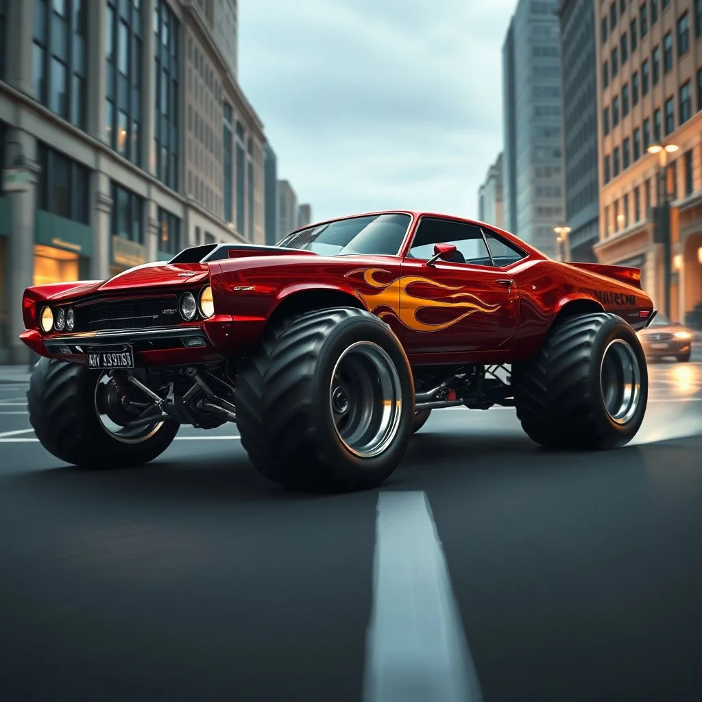 digital photograph, fantastical souped-up red futuristic muscle car with monster truck tires and futuristic silver hydraulics driving down a city street, car is shiny with aerodynamic features, black and gold detailing flame design, dramatic angle, nighttime, cinematic lighting,