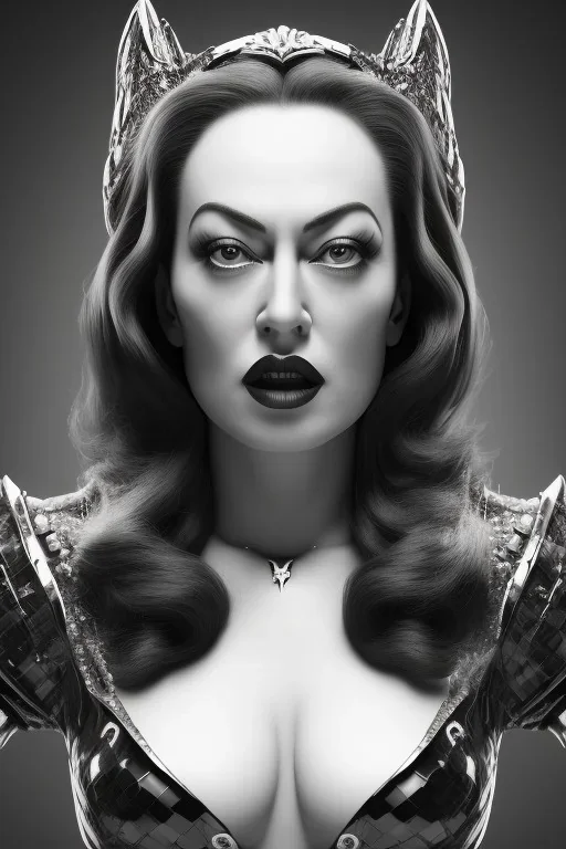 Joan Crawford as evil queen in black leather, busty, cleavage, dominatrix, curvy, angry, stern look. unreal 5, octane render, cinema4d, dynamic lighting, dramatic lighting, 4k, redshift render, highly detailed, hyper realistic,anthropomorphic black wolf long