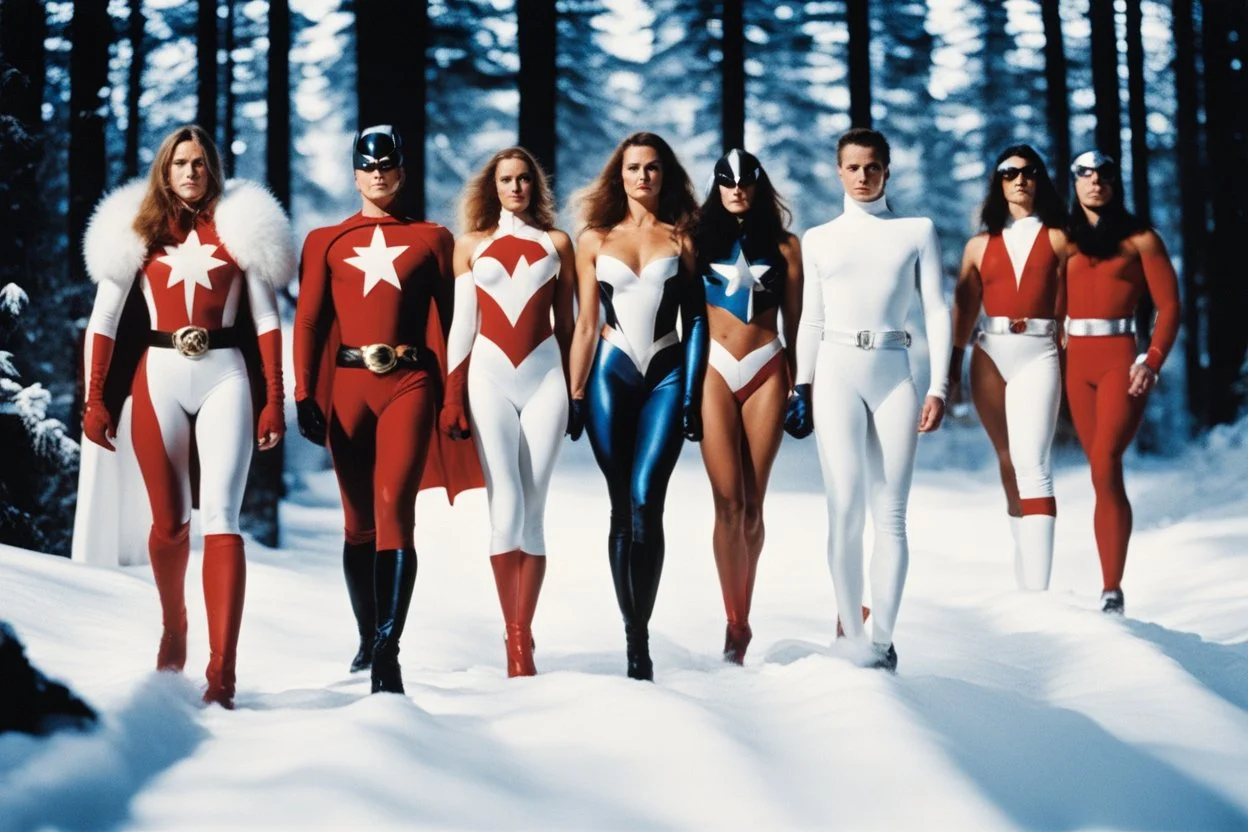 [bokeh color photo by Helmut Newton] Alpha Flight the team of Canadian superheroes appearing in American comic books published by Marvel Comics, they are led by Mlle Quebec wearing a spandex superhero costume with a fleur-de-lys symbol on the chest, Vindicator the guardian, Northstar, Sasquatch, Shaman, Snowbird