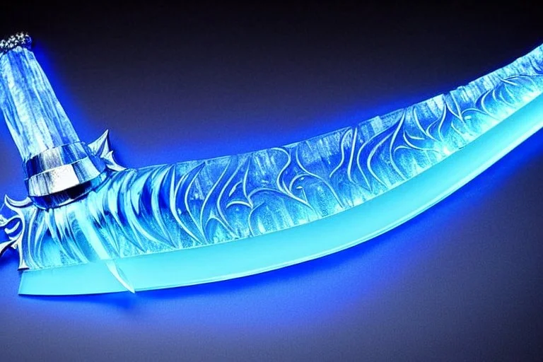 A fantasy sword that is a slender, translucent blade made of ice, shimmering with an ethereal blue glow. Its hilt is crafted from swirling vines, leading to a vibrant crystal at the pommel.