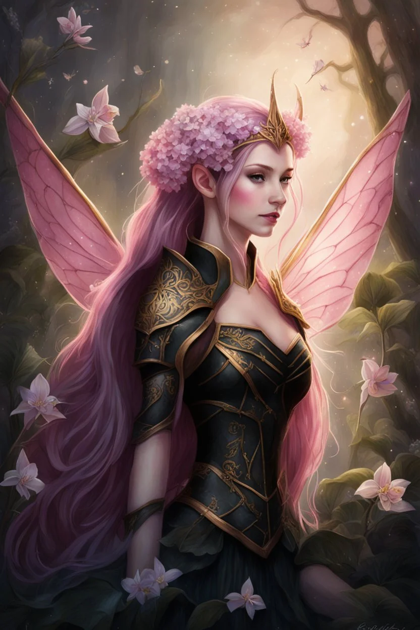 Pink,Hydrangea,orchids,lilies of the valley,night,pink hair,rapunzel hair,elven crown,dragonflies,pointed ears,elven ears,dark fairy princess,sparkle,,dark gold armour,fairy wings,pink,night stars