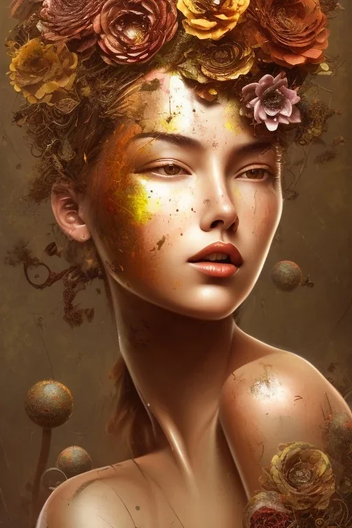 an abstract painting of rusted metal and flowers and mushroom,beautiful blonde girl portrait, rust, scaffolding, iron cladding, decay, mixed media, textured, anatomically correct, beautiful perfect face, sharp focus, highly detailed