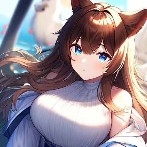 Clear focus, High resolution, Long fluffy brown hair, blue eyes, wearing a white skirt, detailed outfit, wearing a jacket oversized off shoulder, rough line, hair above ears, dog ears, off shoulder white shirt, chopped bangs