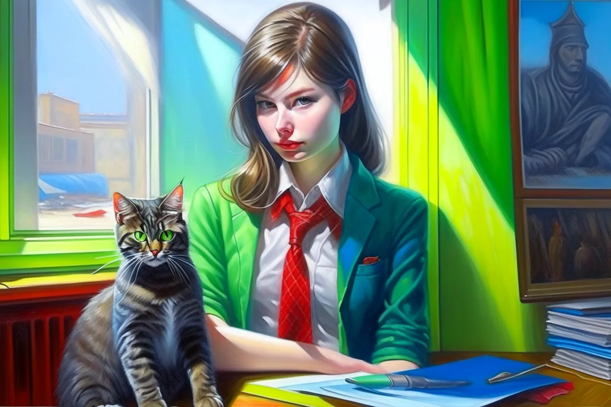 kitten brunette girl secret agent joker in an office in sunshine, very detailed, oil painting