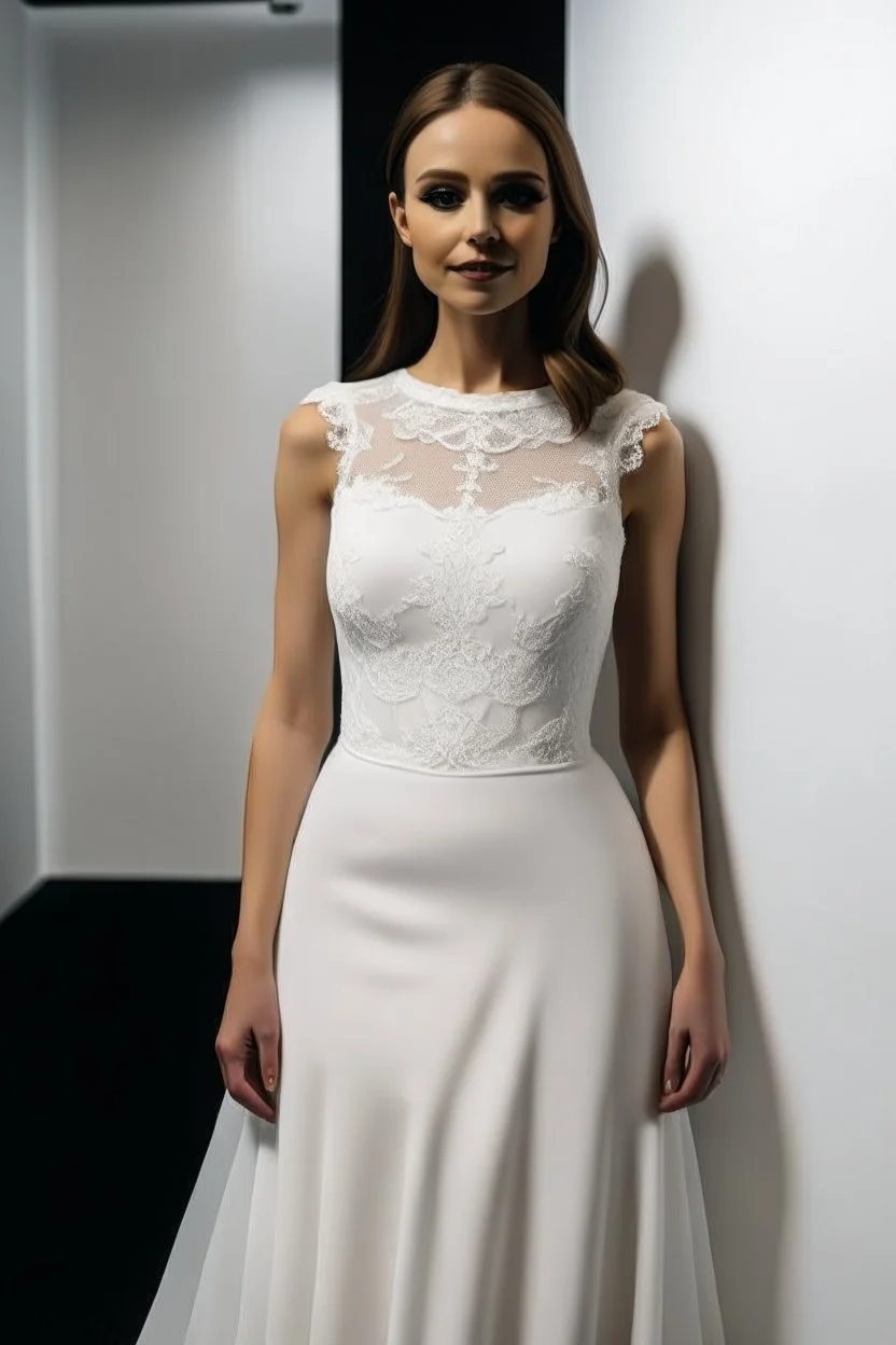 A very simple white wedding dress with an open lace at the top, with lace at the bottom.