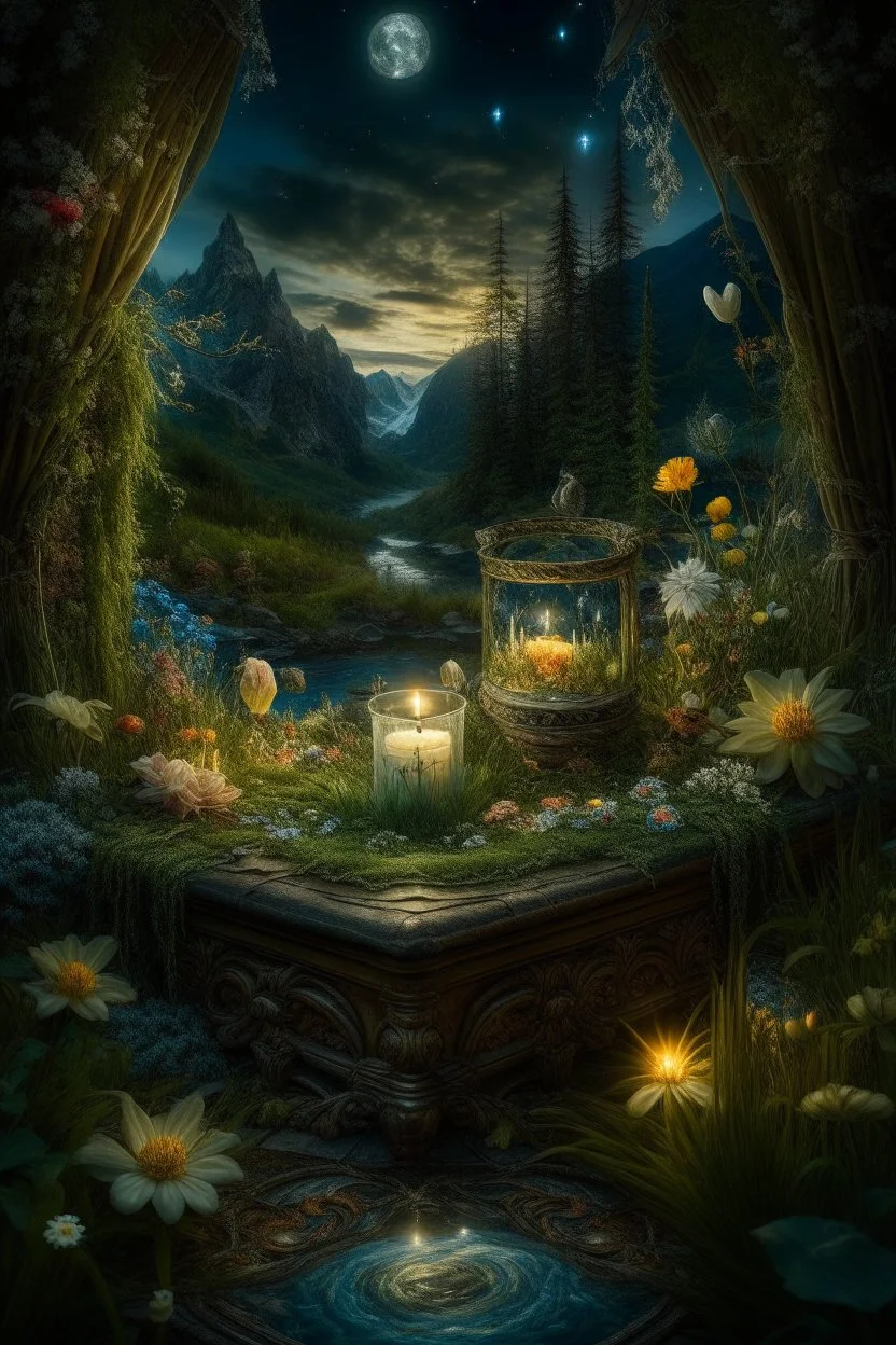 Hyperrealism against the background of a spring landscape in the forest +mirror with a tsunami whirlpool +mountains +ritual +candles+dried flowers+wildflowers+moss++decoupage of flowers+embroidery technique+braided beads+vine+moonlit night,fabulous landscape,surrealism,realism,naturalism,dot technique,microdetalization,high detail objects,digital illustration,volumetric clarity,dark fantasy,dark botanical, professional photo