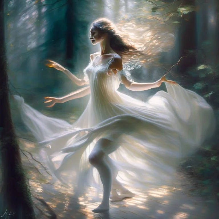 A sweet delicate music surrounding a gracious girl dancing barefoot in a forest, detailed beautiful face, she's wearing a white transparent dress, looks like a painting, volumetric lighting, depth of field