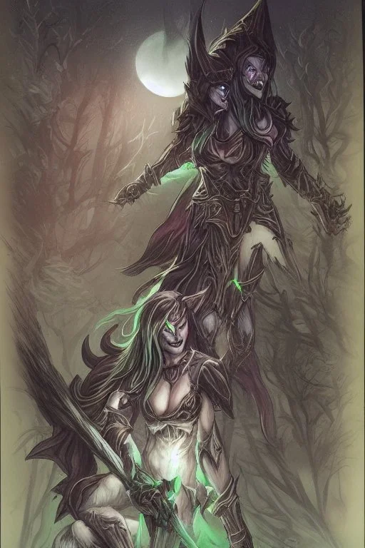 sylvanas windrunner carring the head of a werewolf in a night forest environment light by moonlight jim lee style