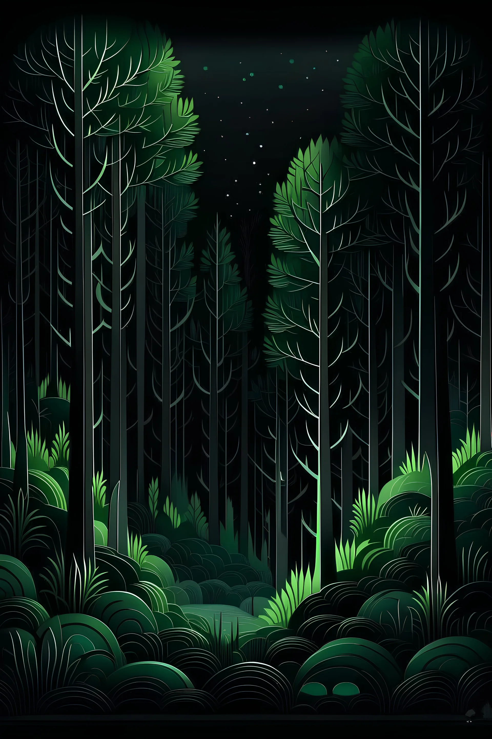 forest in green and gray on a black background in futuristic style