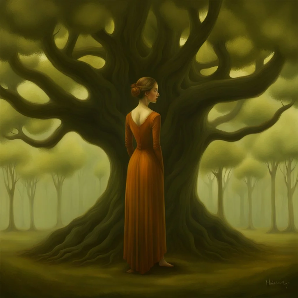 a painting of a woman standing in front of a tree, a detailed painting by Helen Thomas Dranga, cgsociety, analytical art, detailed painting, fractalism, biomorphic