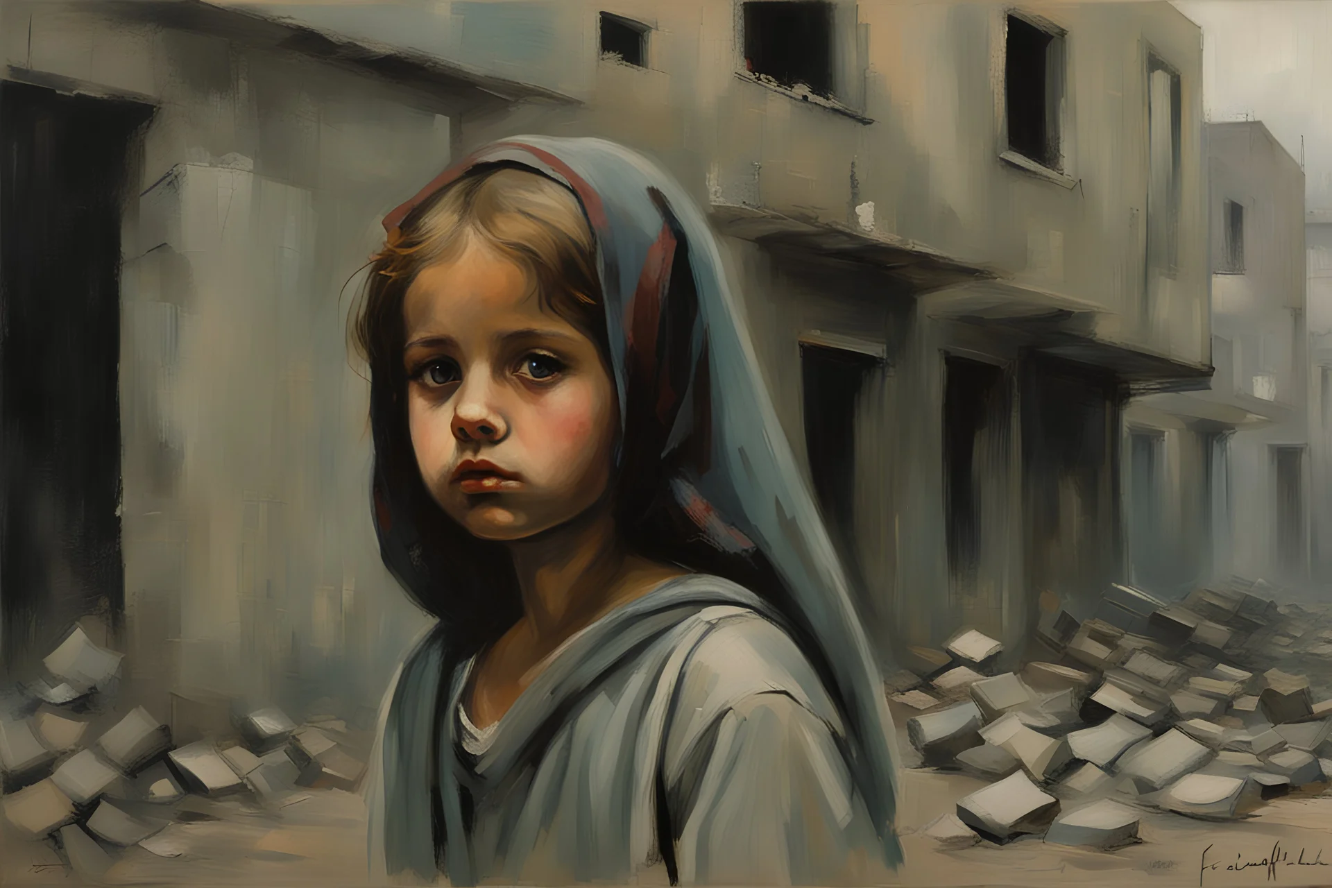 Grey sky, crying little palestinian girl , rocks, destroyed buildings , 80's sci-fi movies influence, friedrich eckenfelder and willem maris impressionism paintings