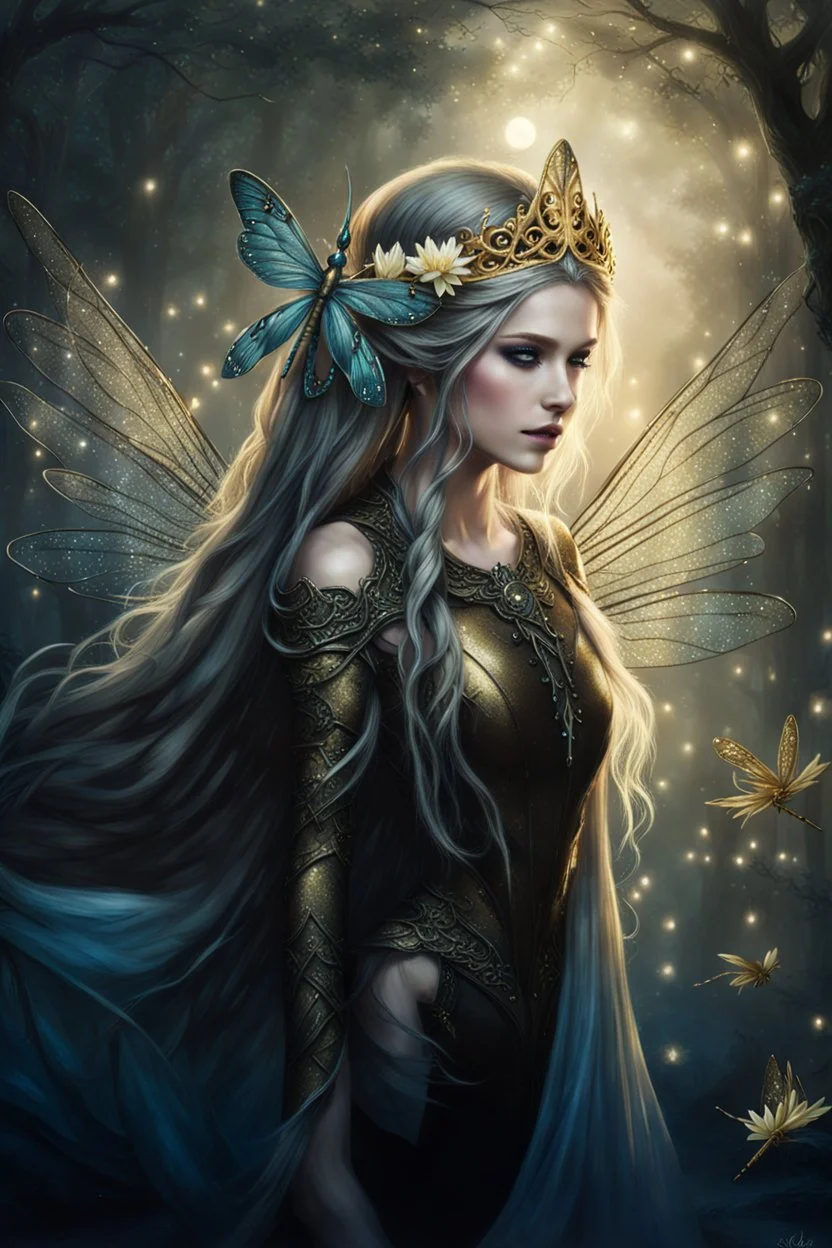 Blonde gold hair , dark gold ,dark Fairy wings,long hair,water lilies,dark fairy princess,nymph,elven crown,dragonflies,tiara,,gothic,glitter,rapunzel hair, very long hair, sparkle,night,