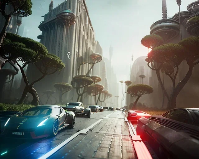 ultrarealistic, future city,__sci-fi buildings__, __angles__, technology and plant life, electricity theme, unreal engine, symmetry, purpose, simple, elegant, refined