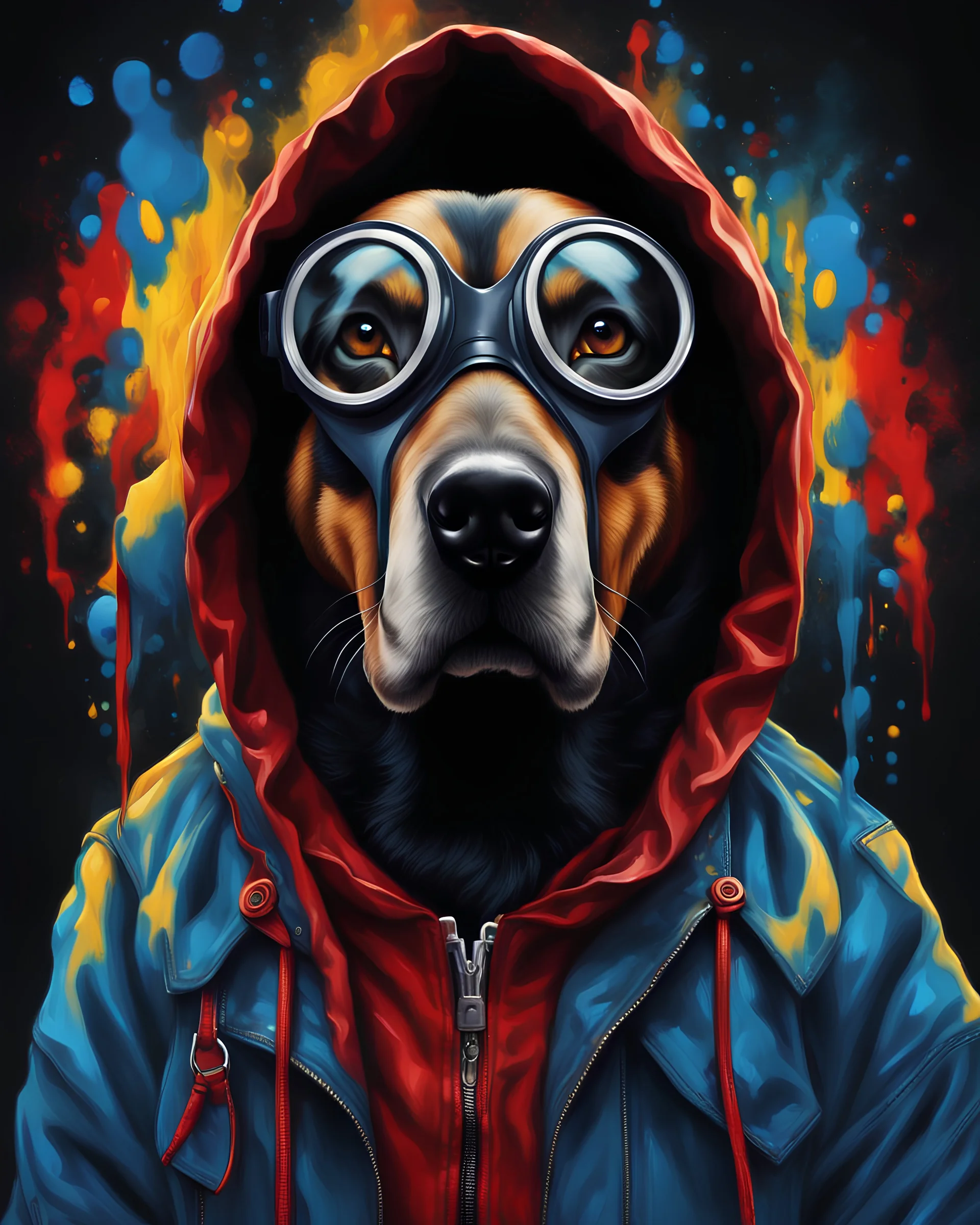 Vibrant and dynamic masterpiece with fluid patterns forming a killer dog wearing a hood and a gas mask, its eyes are intense. Bright colors of red, blue and a touch of yellow, creating a fascinating effect. The black background creates a strong contrast, making the colors stand out even more., concept art, dark fantasy, vibrant, painting, portrait photography