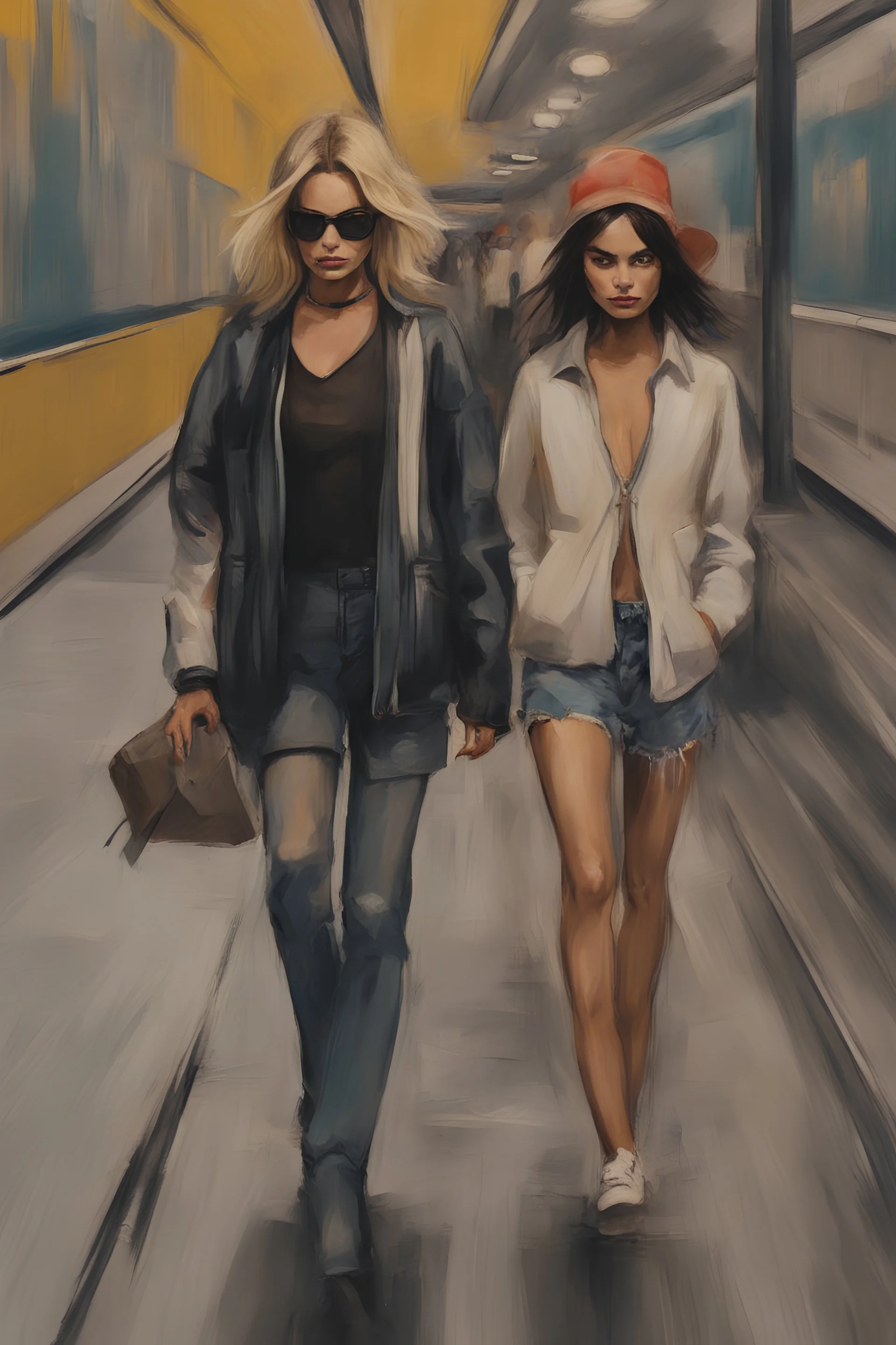 Margot Robbie and Emily Ratajkowski of lovely bombshells walk in themetro station", Jean-Michel Basquiat style, dark expressionism style,highest quality gorgeous ultra sharp 8k uhd smooth sharp focus highly detailed society artstation hq behance hd trending on art forum