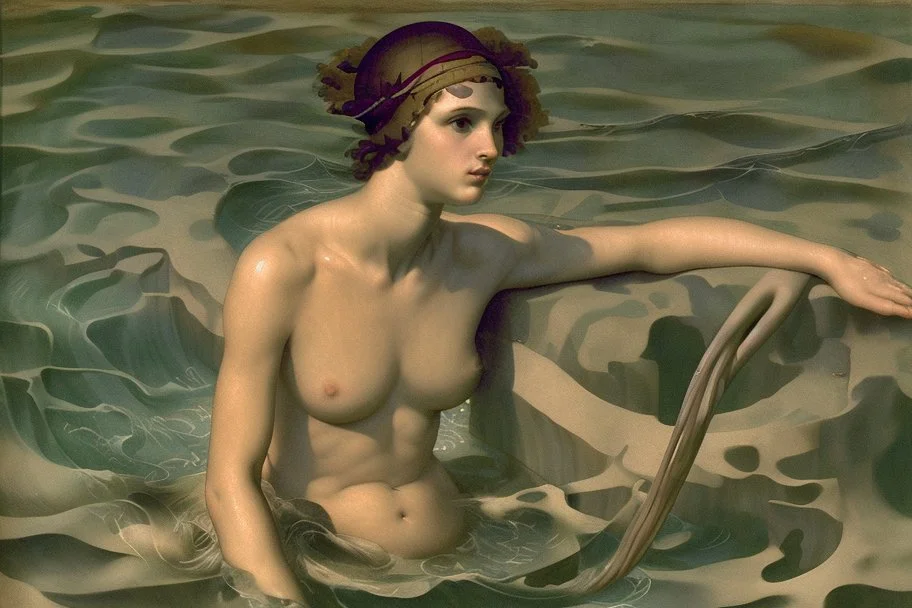 woman in camo swim in deep water by andrea del sarto