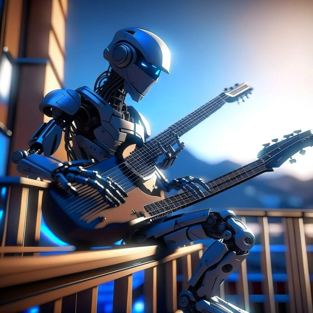 ninja robot playing guitar on balcony, 8k, down-light, soft light, depth of field, photo realism, trending on art station, high detail