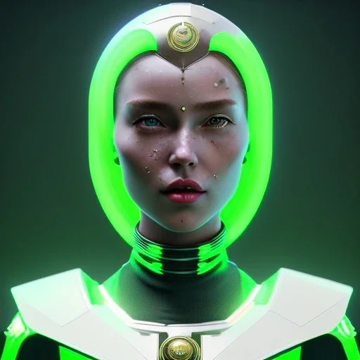 woman, irish, green, heavily made up face, round helmet, decorative color feathers, retro futuristic, latex coat, soft color, highly detailed, art stations, concept art, smooth, unreal engine 5, god rays, ray tracing, RTX, lumen lighting, ultra detail, volumetric lighting, 3d, finely drawn, high definition, high resolution.