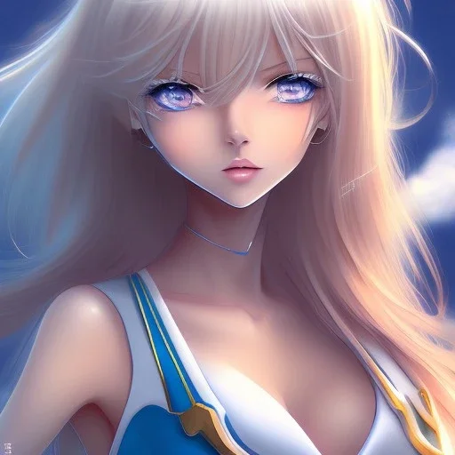 A anime waifu character, blue eye, blonde hair, cleavage