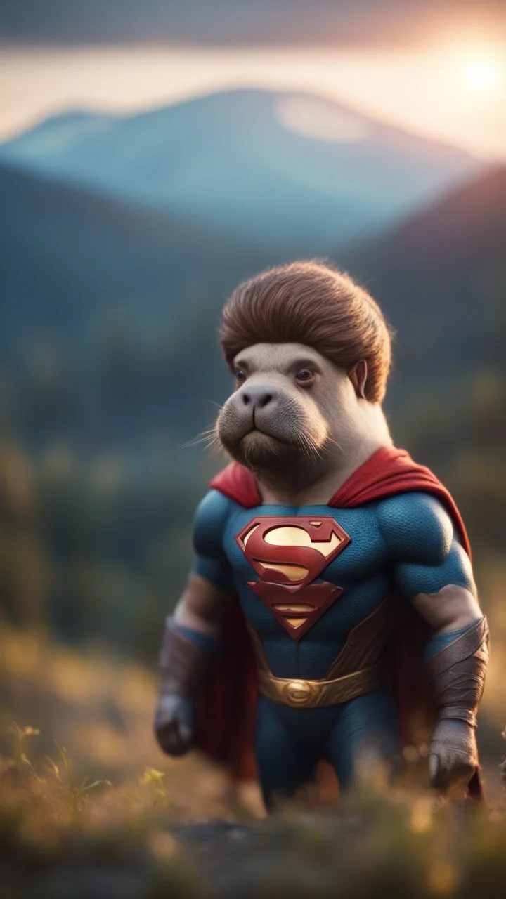 portrait of Superman with wig as Vampire walrus in carpathians montains sun set ,bokeh like f/0.8, tilt-shift lens 8k, high detail, smooth render, down-light, unreal engine, prize winning